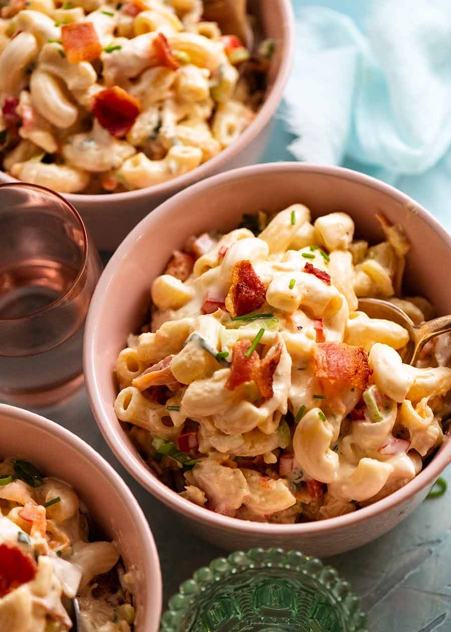 creamy-chicken-pasta-salad_4 3 bowls of Chicken Pasta Salad with Creamy Dressing