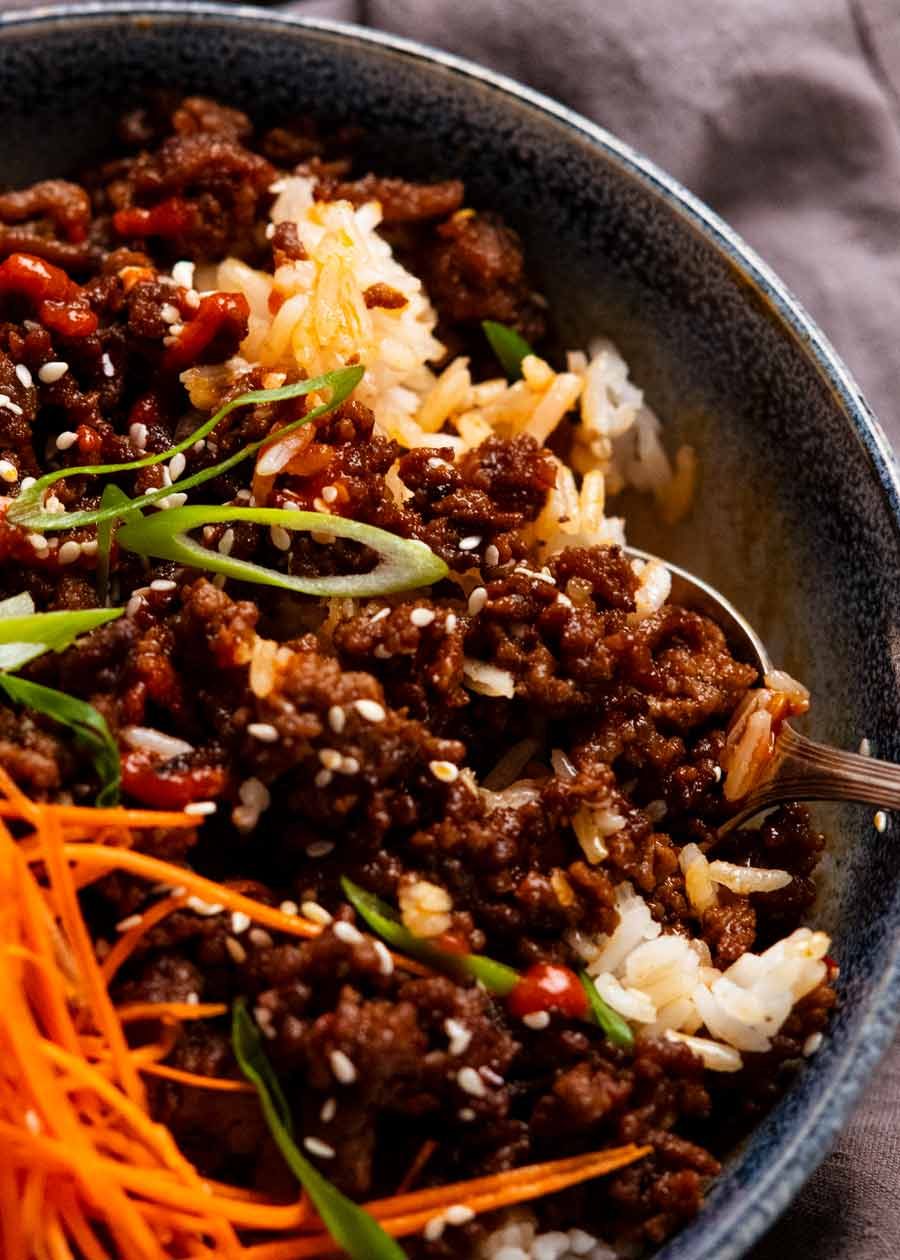 firecracker-beef-mince_4 Close up of Firecracker beef over rice
