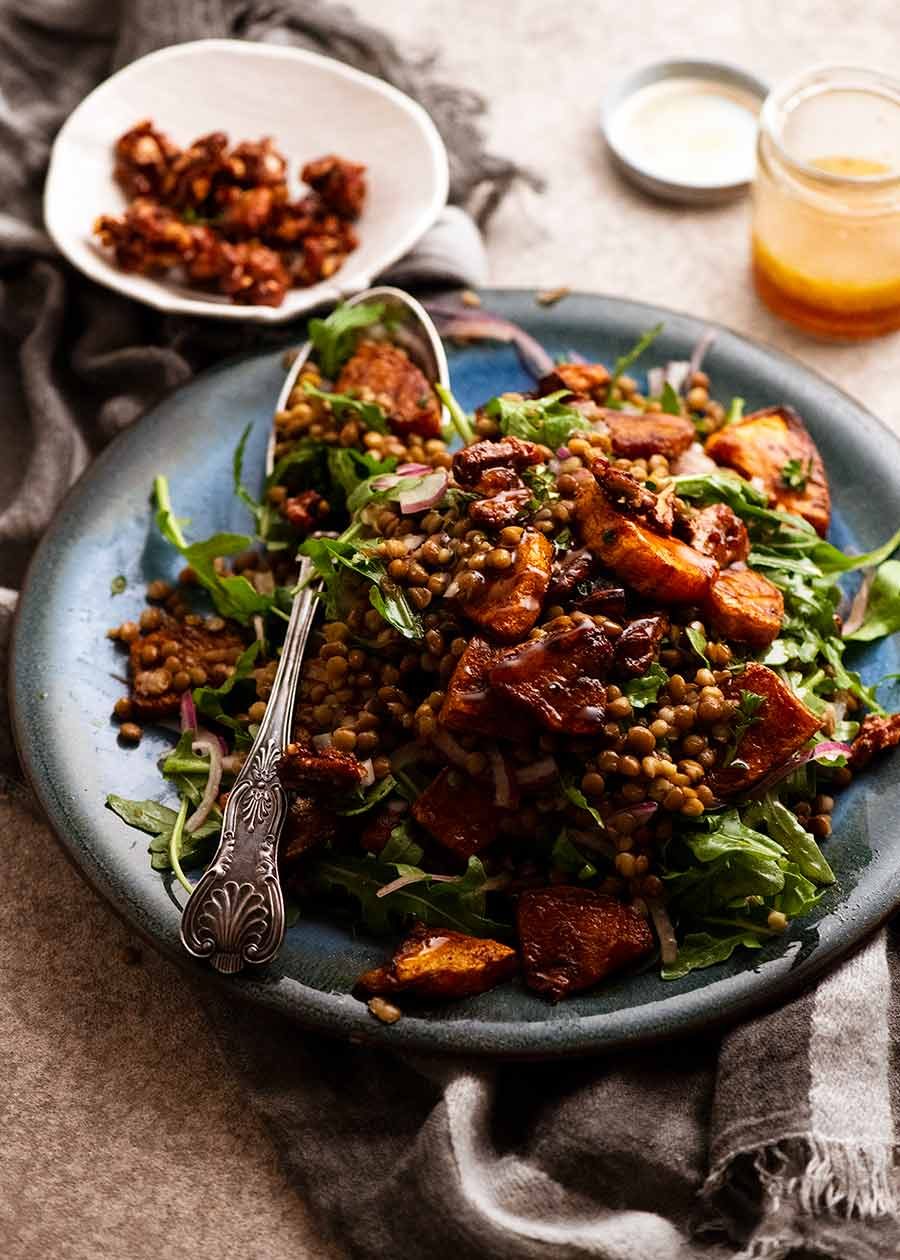 honey-cinnamon-pumpkin-lentil-salad_7 Platter piled high with Honey Cinnamon Pumpkin Lentil Salad