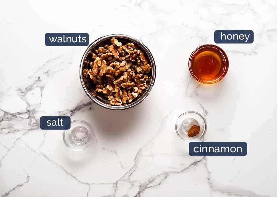 honey-cinnamon-walnuts-ingredients Ingredients in Honey Cinnamon Walnuts for Pomegranate Salad