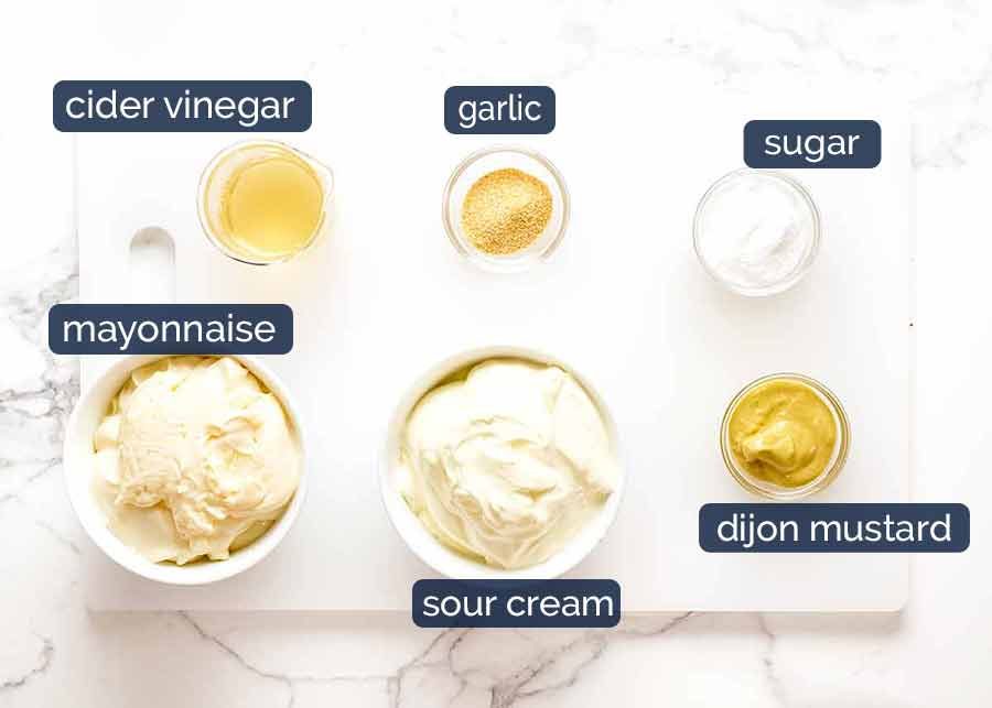 ingredients-for-dressing-for-chicken-pasta-salad Ingredients in Chicken Pasta Salad with Creamy Dressing