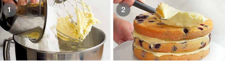lemon-cream-cheese-frosting-for-blueberry-cake Spreading cream cheese frosting on blueberry layer cake