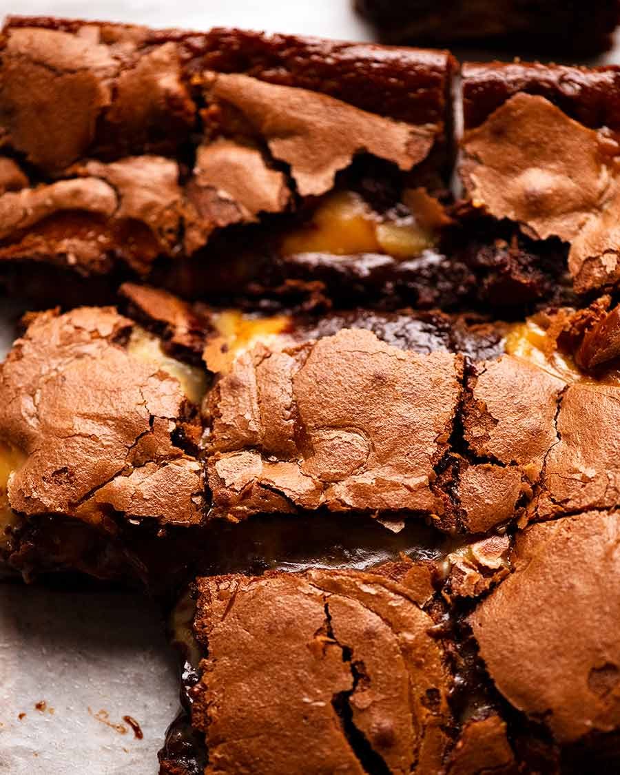 salted-caramel-stuffed-brownies_1 Caramel Brownies cut into slices ready to be eaten