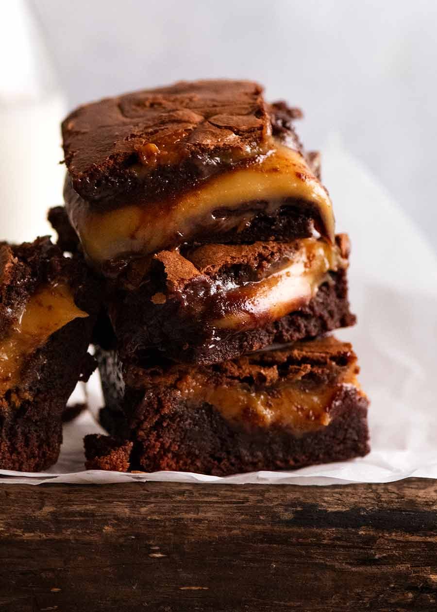 salted-caramel-stuffed-brownies_7a Close up of stack of Caramel Brownies