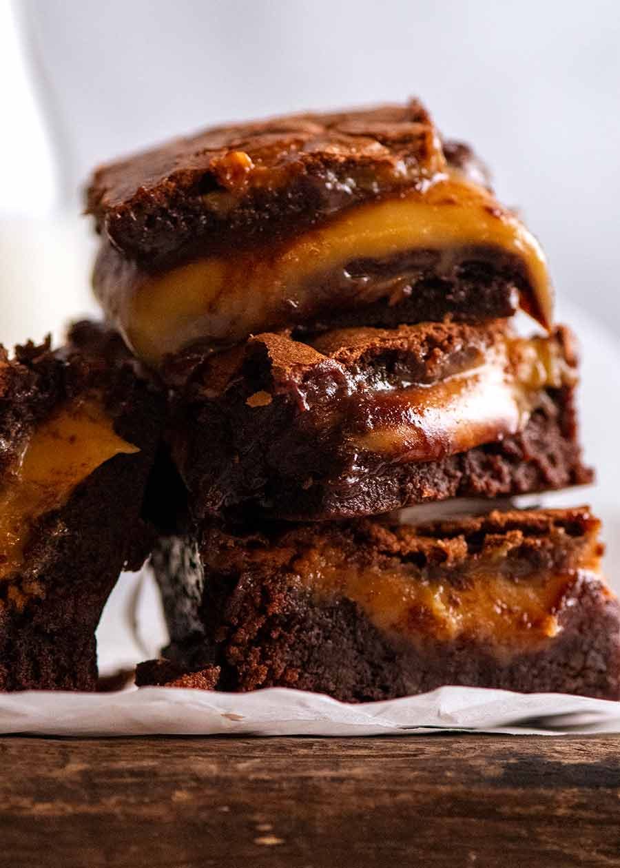 salted-caramel-stuffed-brownies_8 Close up of stack of Caramel Brownies