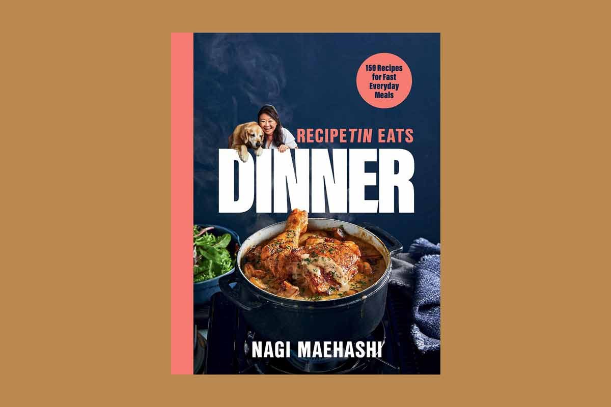 us-cover-with-gold-background "Dinner" cookbook by Nagi Maehashi of RecipeTin Eats