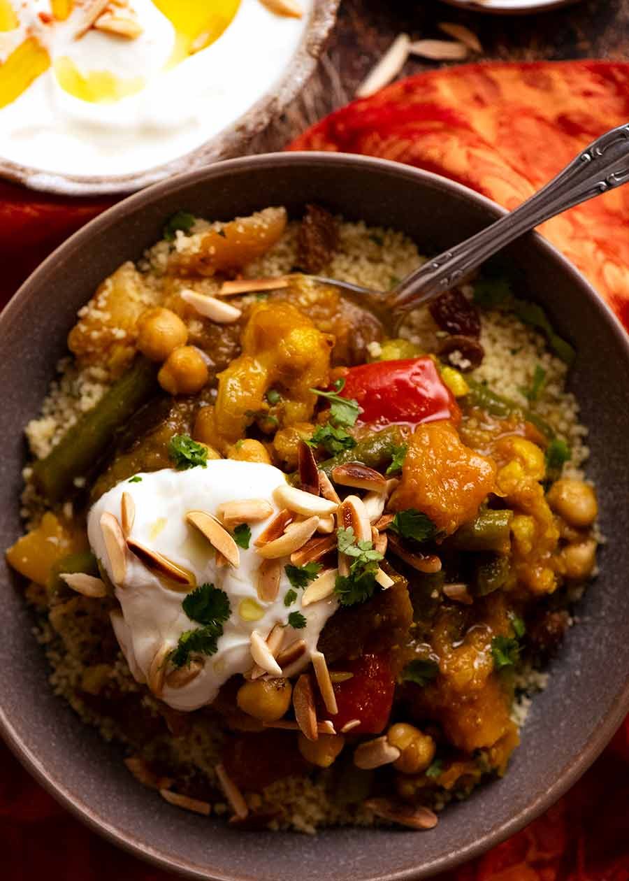 vegetable-tagine_5 Overhead photo of Vegetable Tagine served over couscous