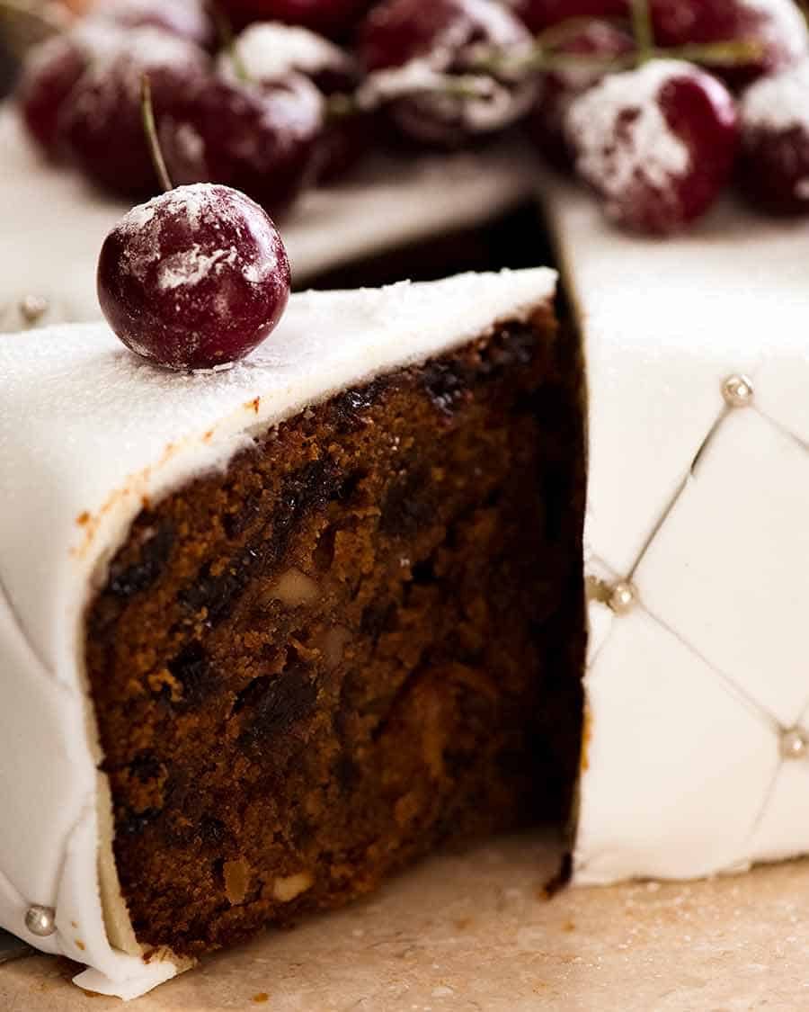 christmas-cake-slice Close up of slice of Christmas Cake - easy moist fruit cake