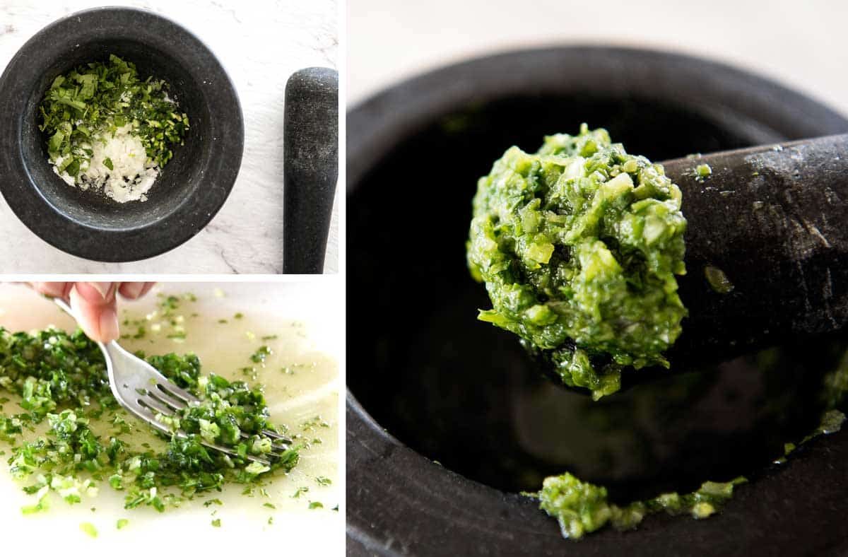 guacamole_diy Mashing coriander, jalapeno and onion for a guacamole recipe.