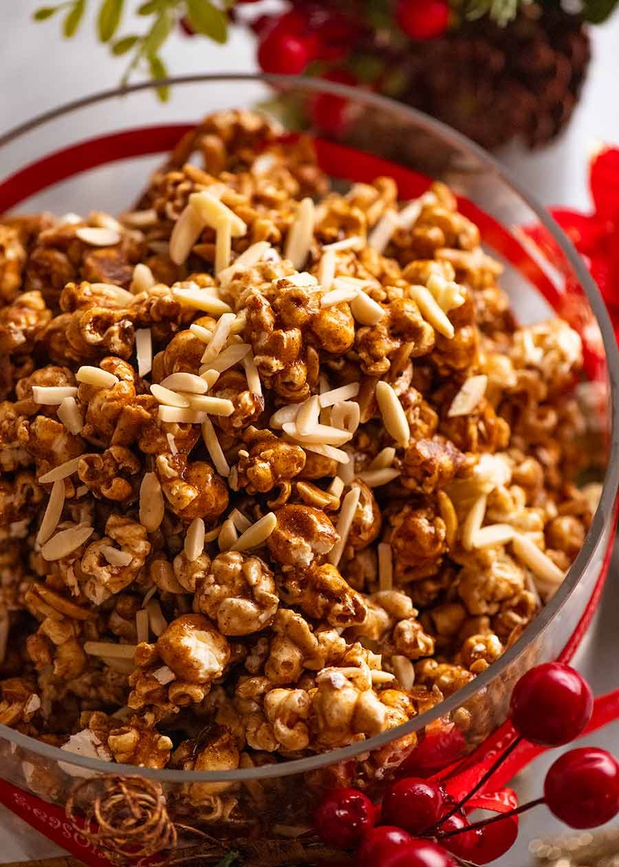 holiday-caramel-popcorn_2 Close up of bowl of Christmas Popcorn Candy