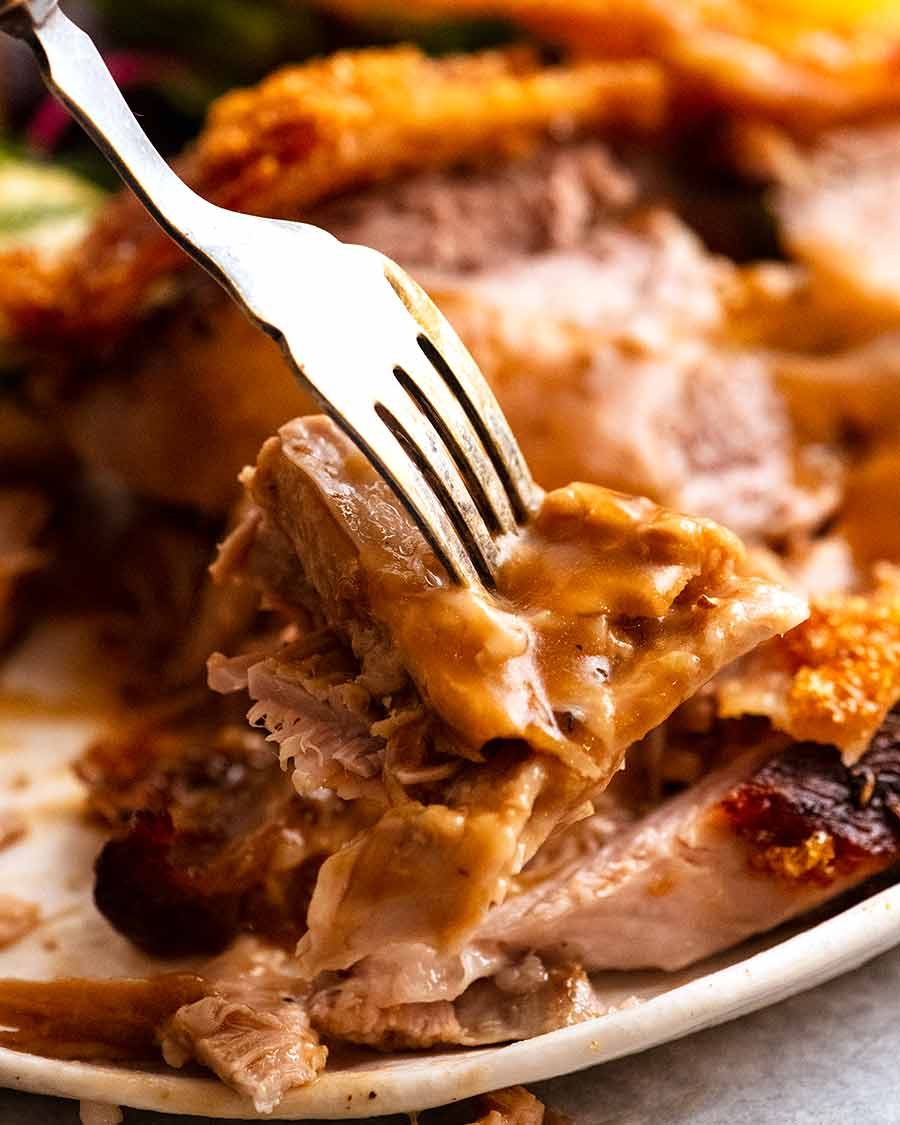 pork-roast-dinner-plate_7 Fork picking up Pork Roast with Crispy Crackling