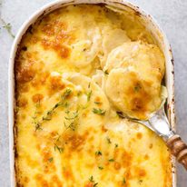 potatoes-au-gratin_2-sq Potatoes au Gratin in a white casserole dish, fresh out of the oven