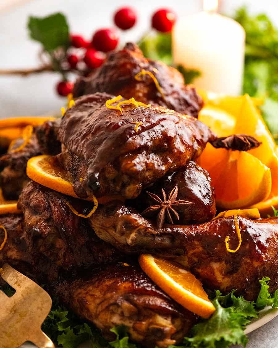 sticky-glazed-christmas-chicken_1 Close up of pile of Sticky Glazed Christmas Chicken