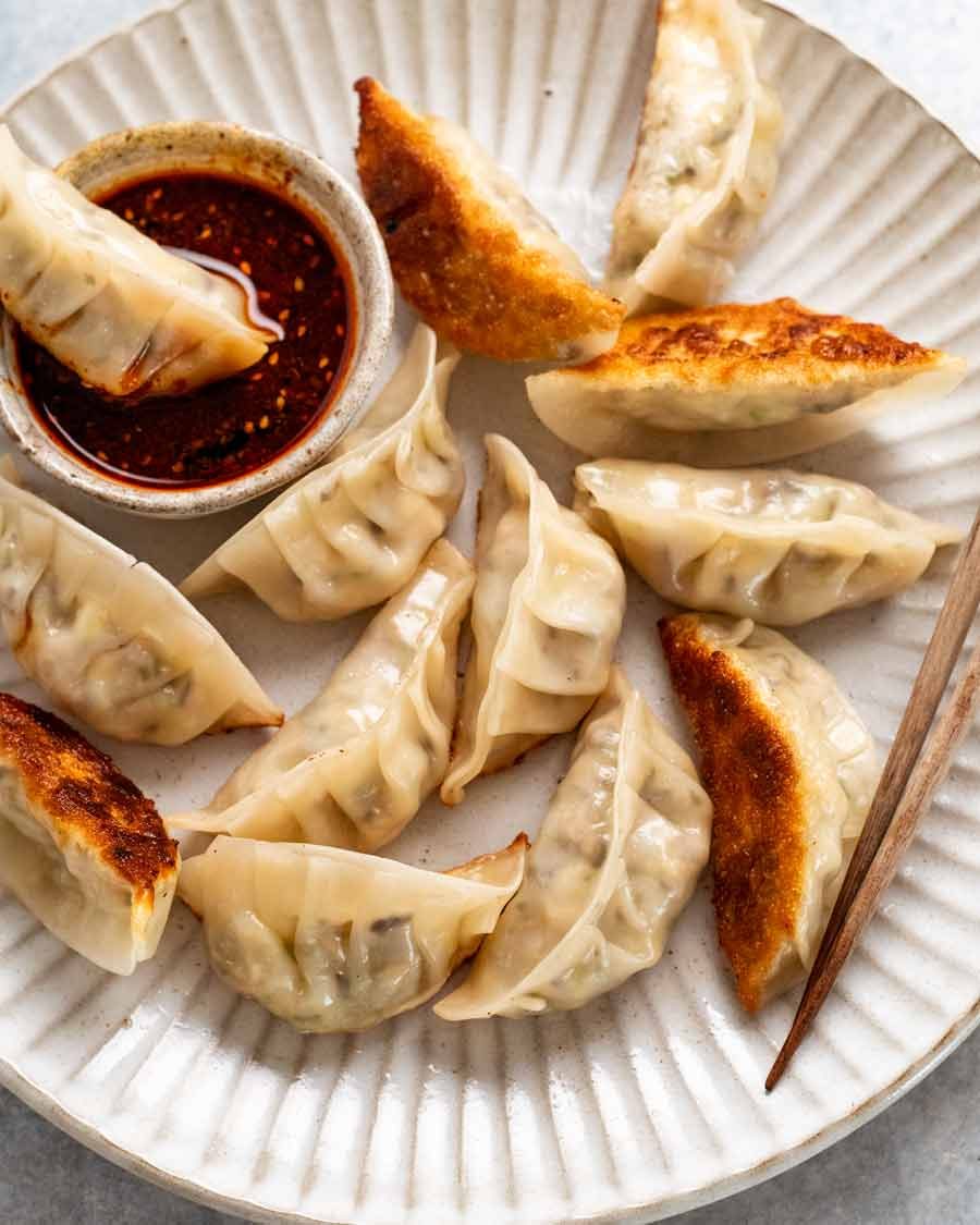 vegetable-dumplings-1-on-plate Plate of Vegetable Dumplings (Potstickers)