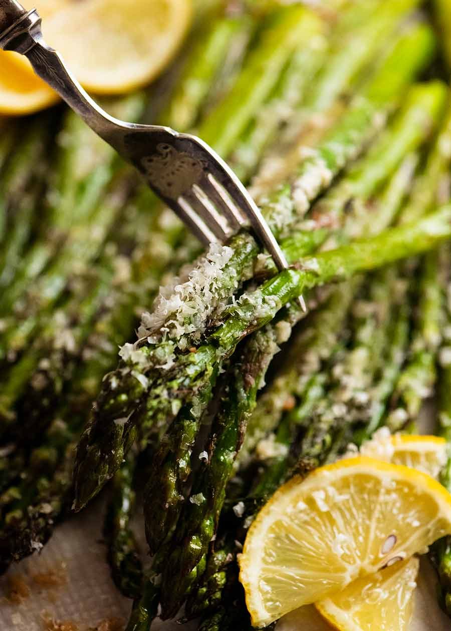 roasted-asparagus_1 Fork picking up Roasted Asparagus