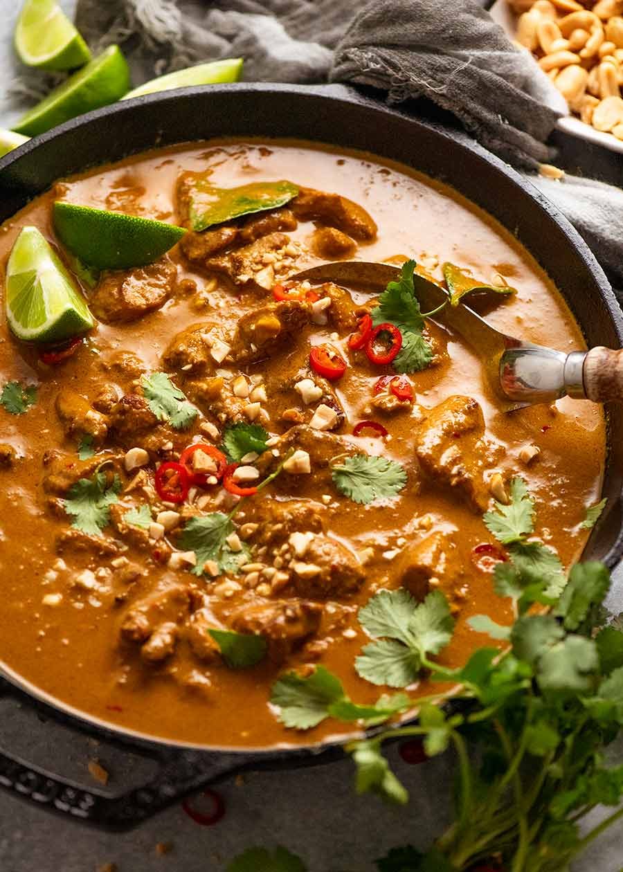satay-chicken-curry_8 Chicken Satay Curry (Malaysian) in a skillet, fresh off the stove