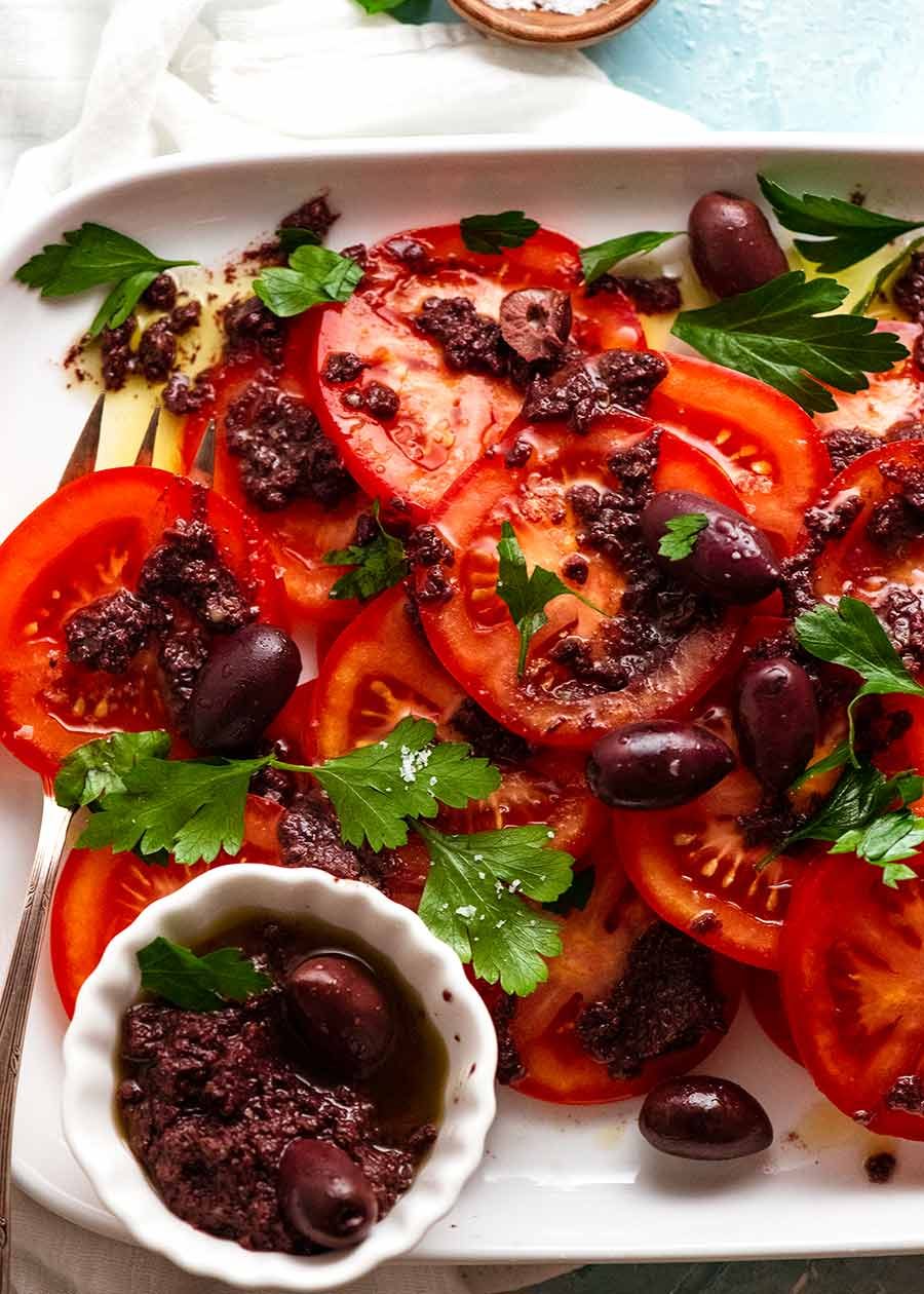 tomato-with-olive-tapenade_5 Tomato Salad with Olive Tapenade on a platter