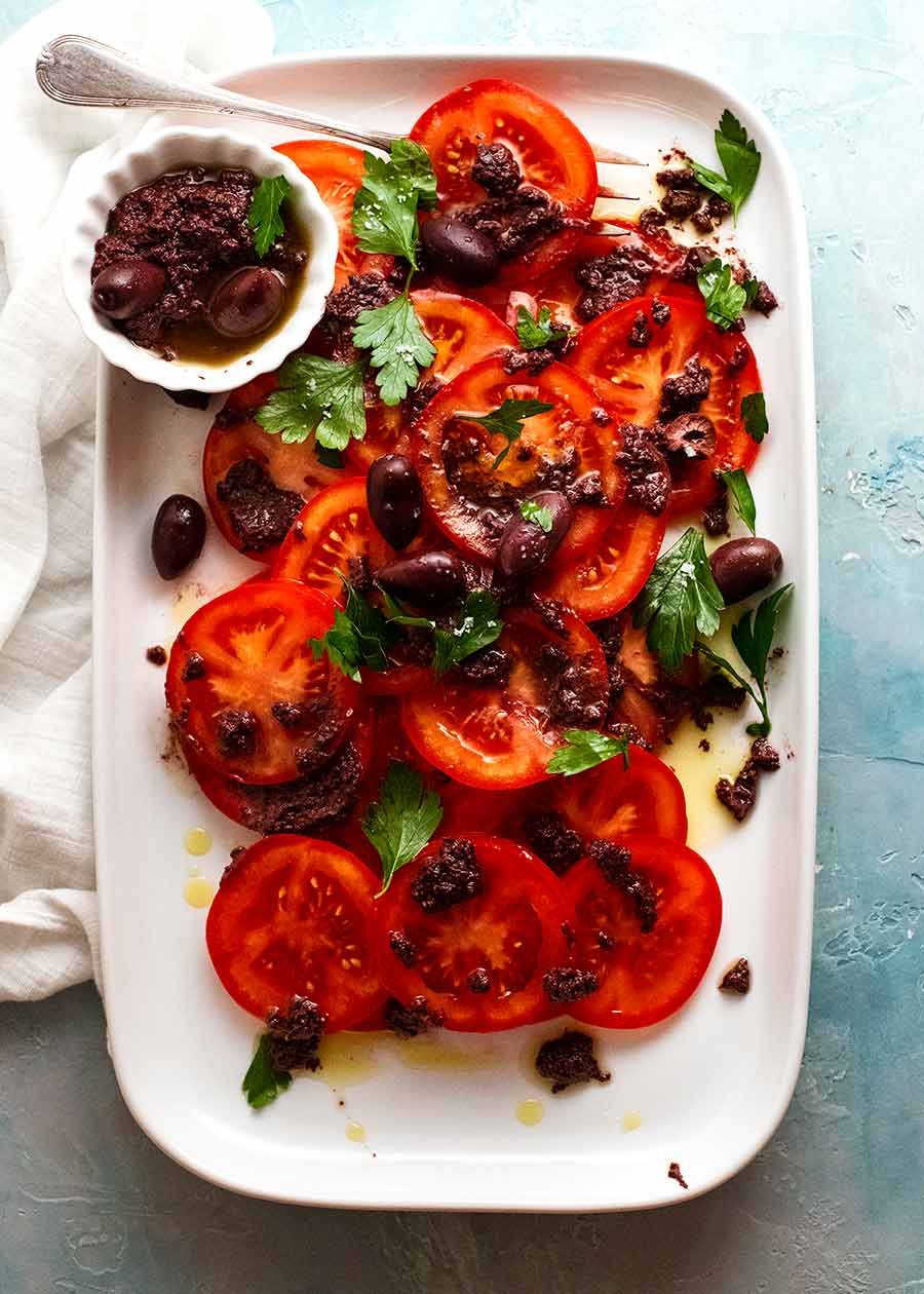 tomato-with-olive-tapenade_6 Overhead photo of Tomato Salad with Olive Tapenade