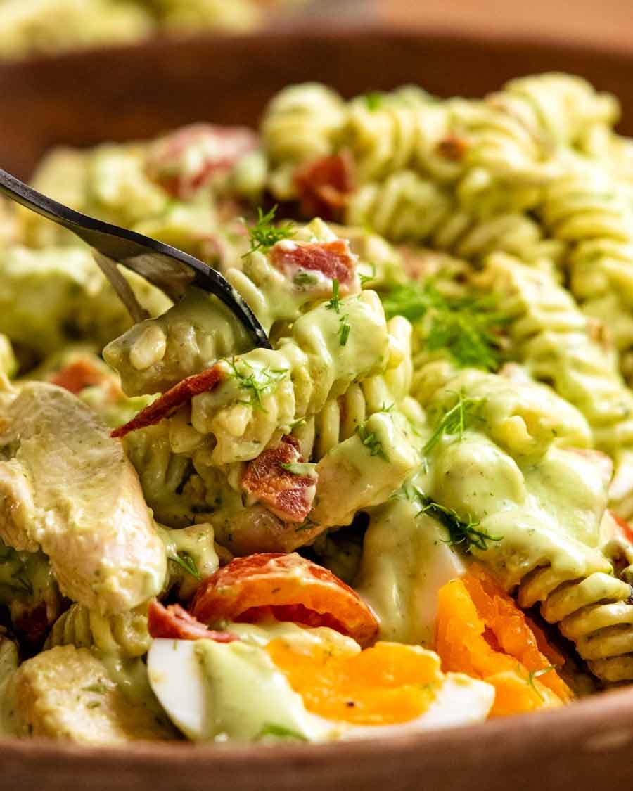 avocado-ranch-pasta-salad-3 Close up of fork stabbing Pasta Salad with Avocado Ranch Dressing