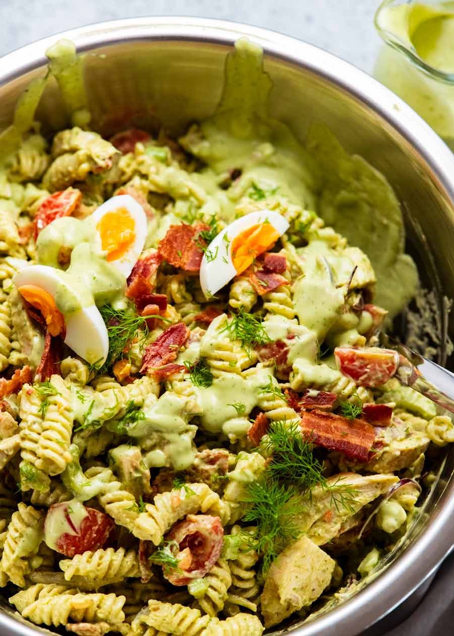 avocado-ranch-pasta-salad-4 Large bowl filled with Pasta Salad with Avocado Ranch Dressing