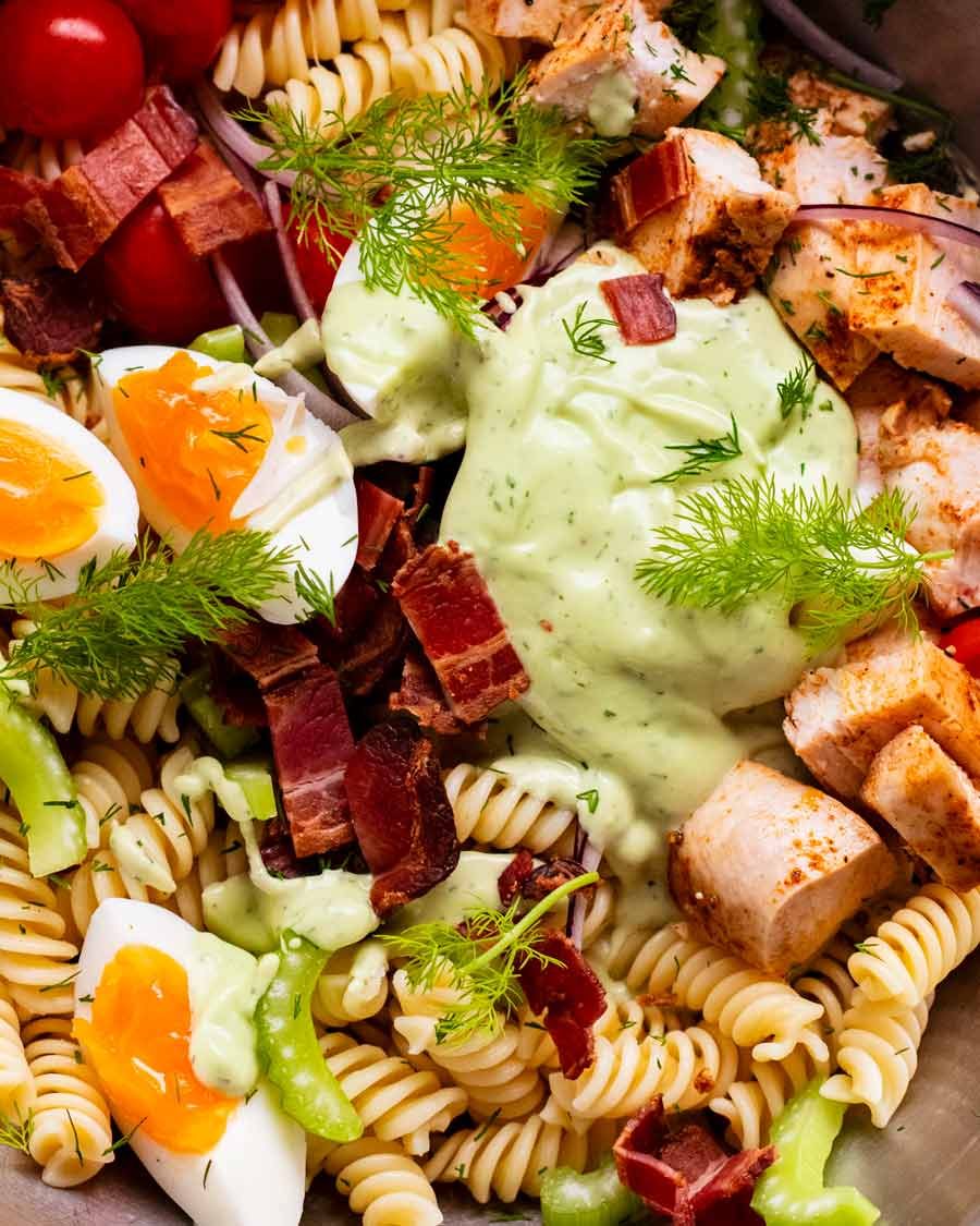 avocado-ranch-pasta-salad-6 Close up photo of Pasta Salad with Avocado Ranch Dressing in a salad bowl