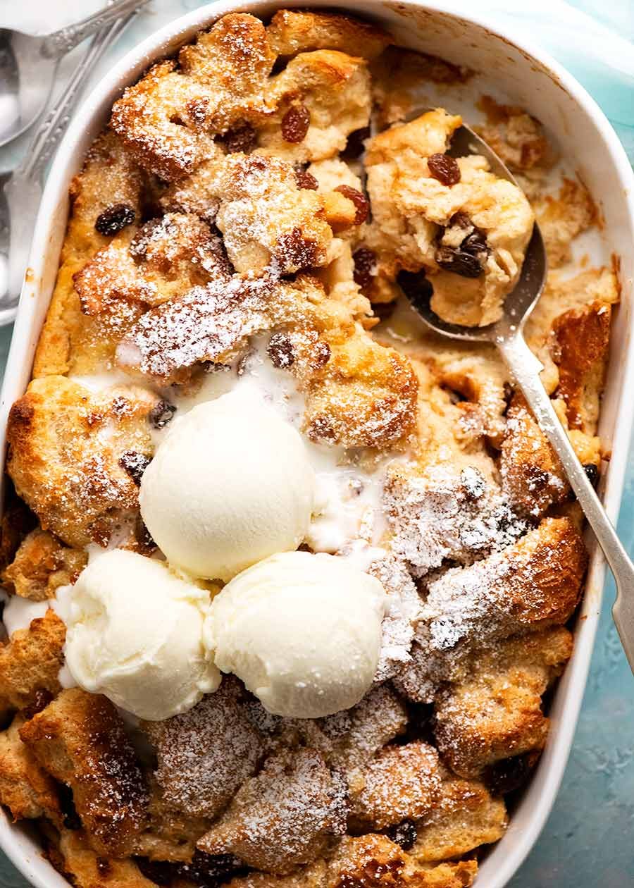 bread-butter-pudding_4 Bread and Butter Pudding with ice cream, fresh out of the oven ready to be served