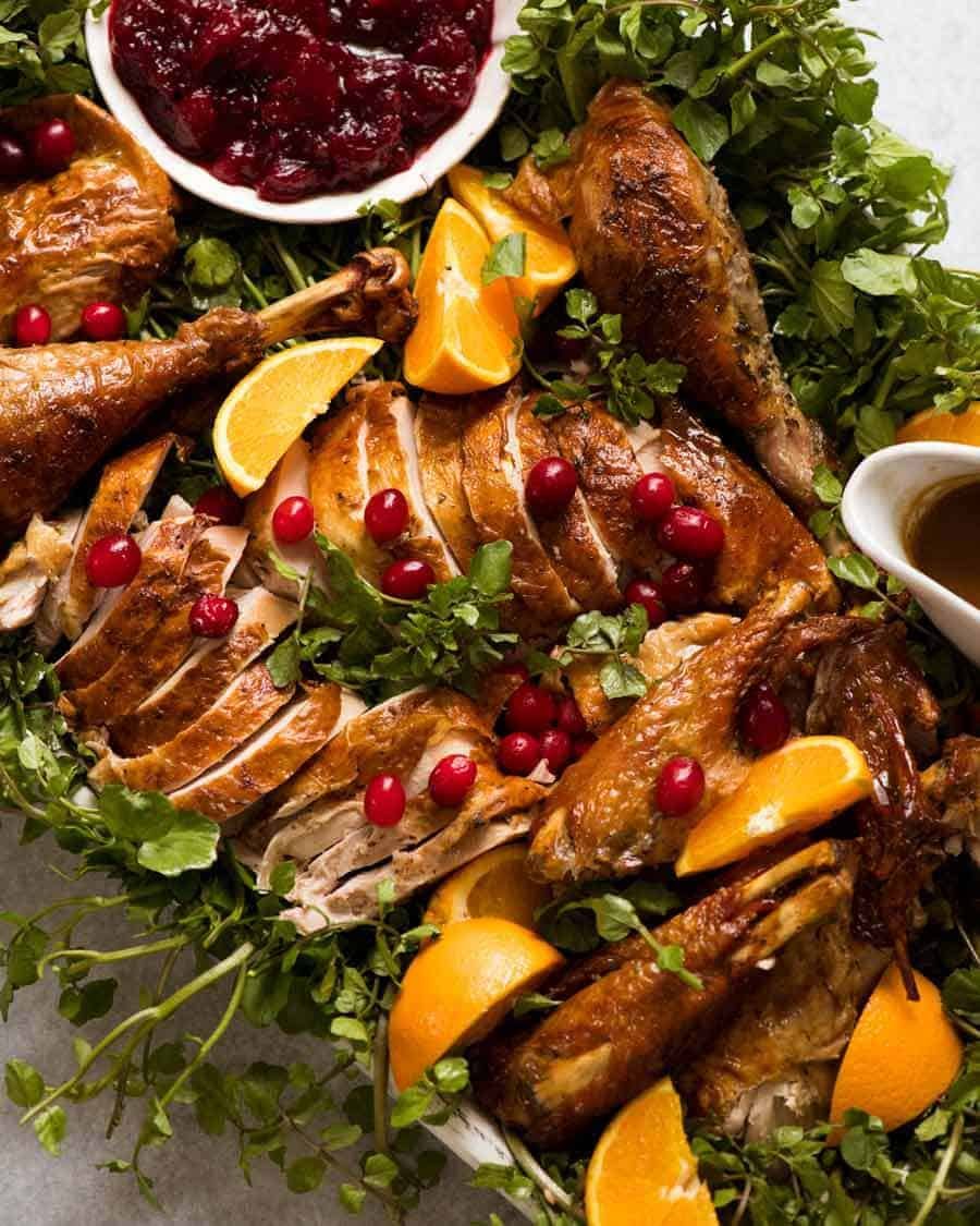 juicy-roast-turkey_dry-brined_7 Platter of carved Juicy Roast Turkey, decorated platter ready for serving