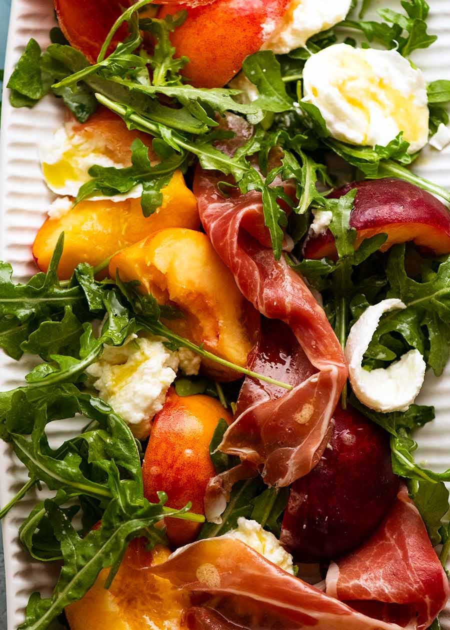 peach-salad_0 Overhead close up of Peach Salad on a platter ready to be served