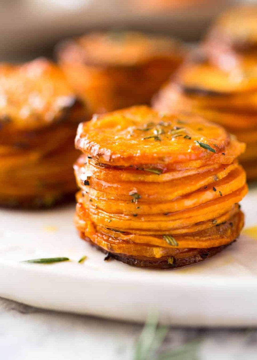 sweet-potato-stacks These Roasted Sweet Potato Stacks have crispy edges, are buttery, salty and sweet with a hint of rosemary. Terrific Sweet Potato side dish! recipetineats.com