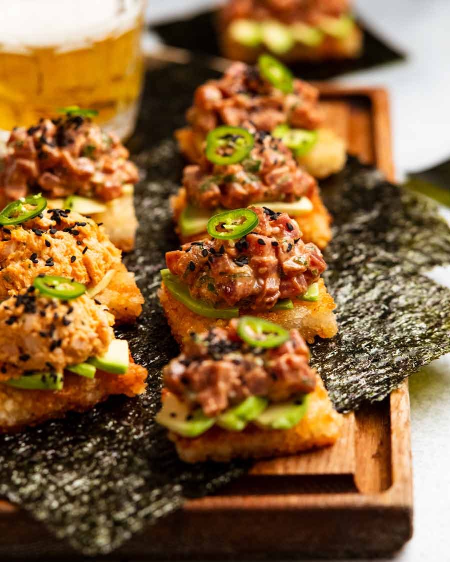 crispy-rice-spicy-tuna_8 Spicy tuna crispy rice on a platter