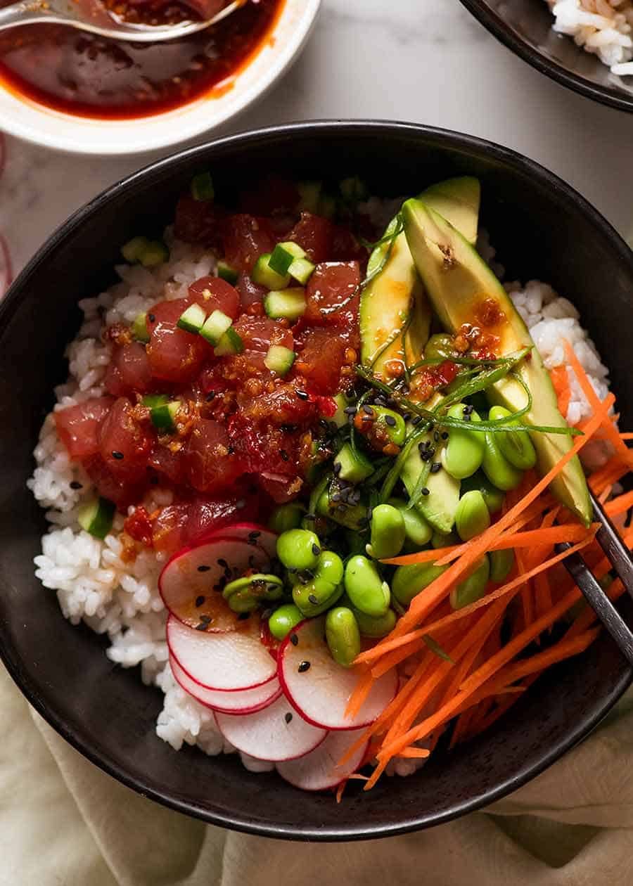 tuna-poke-bowls-main Close up overhead photo of Poke Bowl recipe