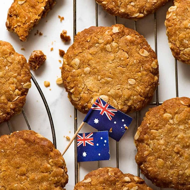 anzac-biscuits_7 Overhead photo of Anzac biscuits on a cooling rack, fresh out of the oven