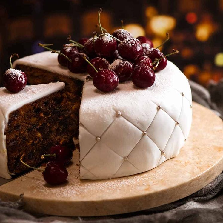 christmas-cake-decorated-with-fondant-marzipan-and-cherries Christmas Cake - easy moist fruit cake decorated with traditional white fondant