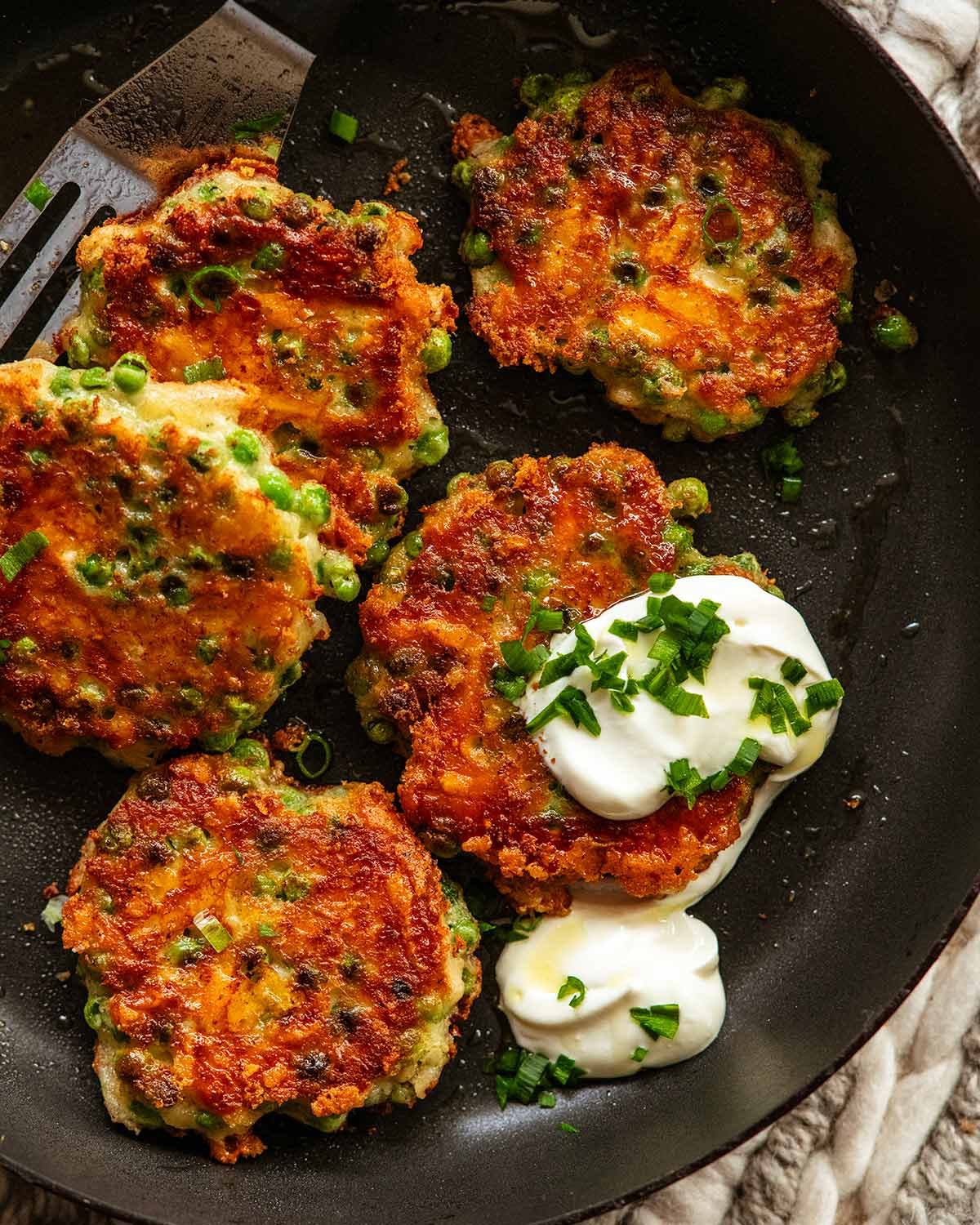 crispy-pea-fritters_2-1 Crispy pea fritters in a pan