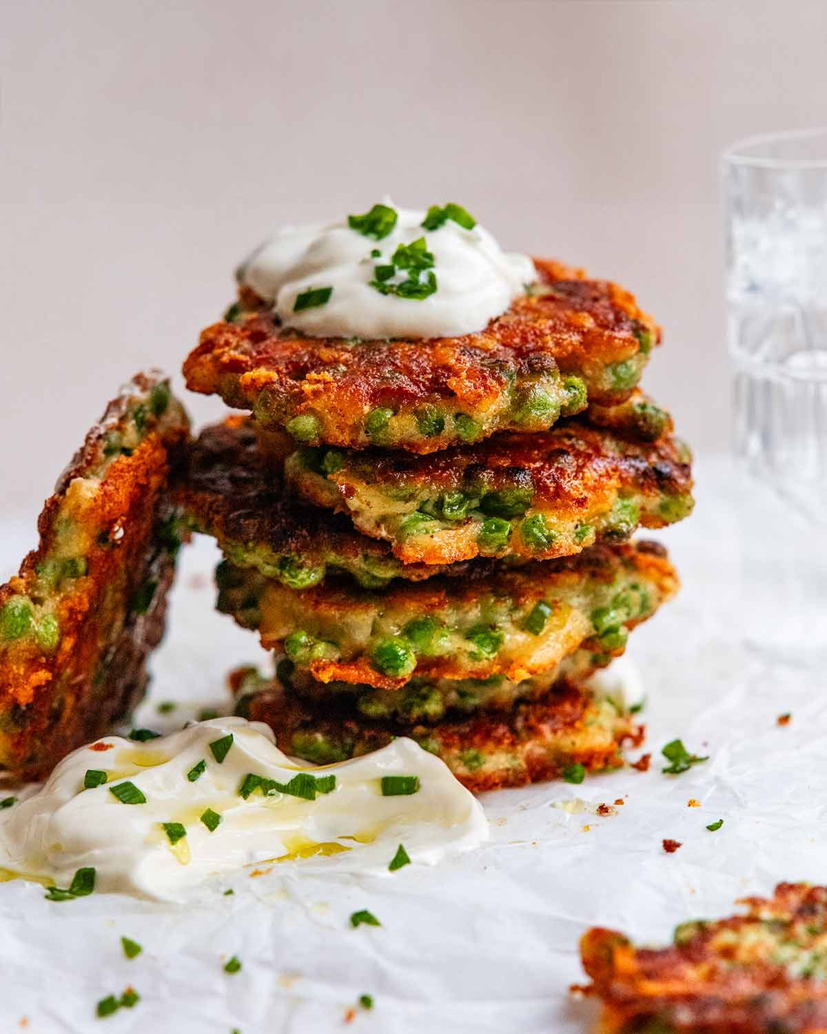 crispy-pea-fritters_4-3 Stack of Crispy pea fritters