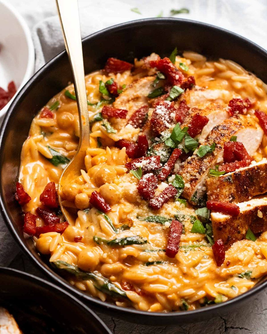 one-pan-chicken-creamy-tomato-risoni-with-crispy-salami-2 One pan chicken creamy tomato risoni with crispy salami (orzo)