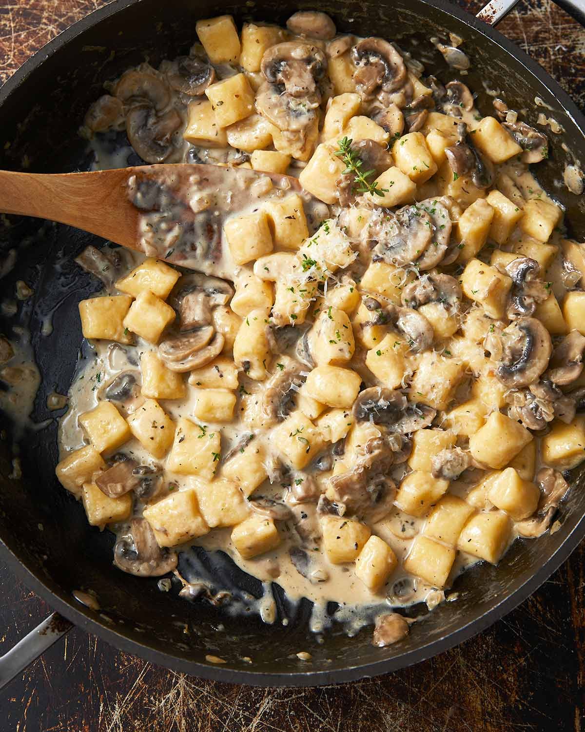 ricotta-gnocchi-51191 Ricotta gnocchi with creamy mushroom sauce in a pan ready to serve