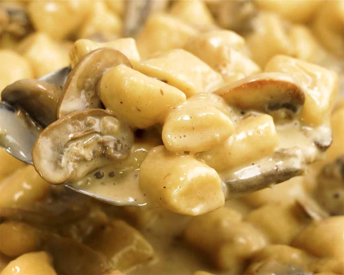ricotta-gnocchi-creamy-mushroom-sauce-scoop Scooping Ricotta gnocchi with creamy mushroom sauce