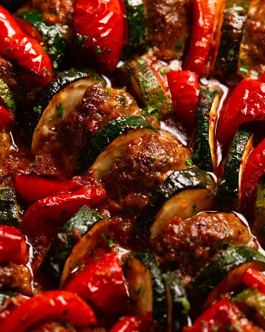 Moroccan Spiral Meatball Zucchini Bake