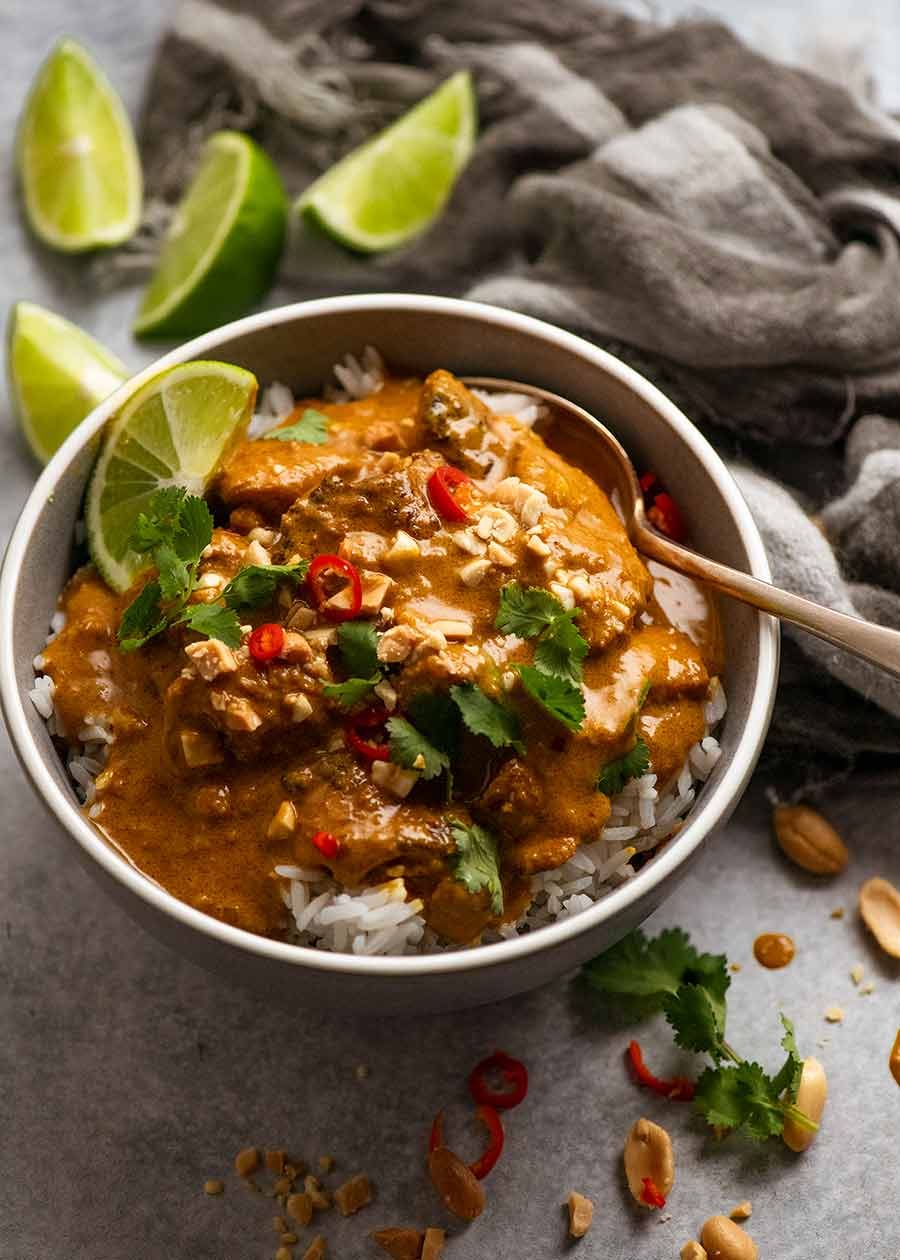 Bowl of Chicken Satay Curry (Malaysian) served over Jasmine Rice